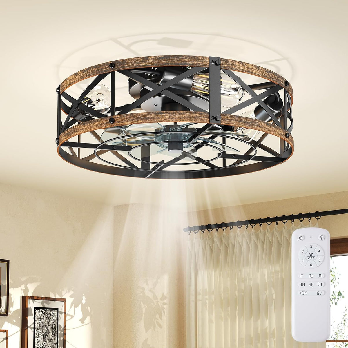 19" Flush Mount Caged Chandelier Ceiling Fan with Light & Remote