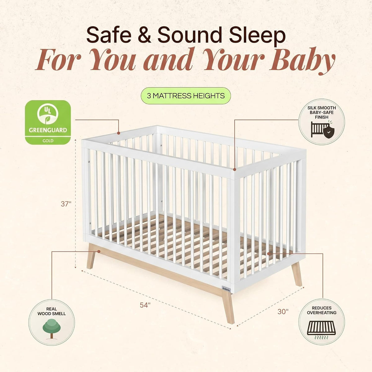 Baby Soho 3-in-1 Convertible Wood Crib, Made in Italy, White/Natural | Crib to Toddler Bed, GREENGUARD Gold