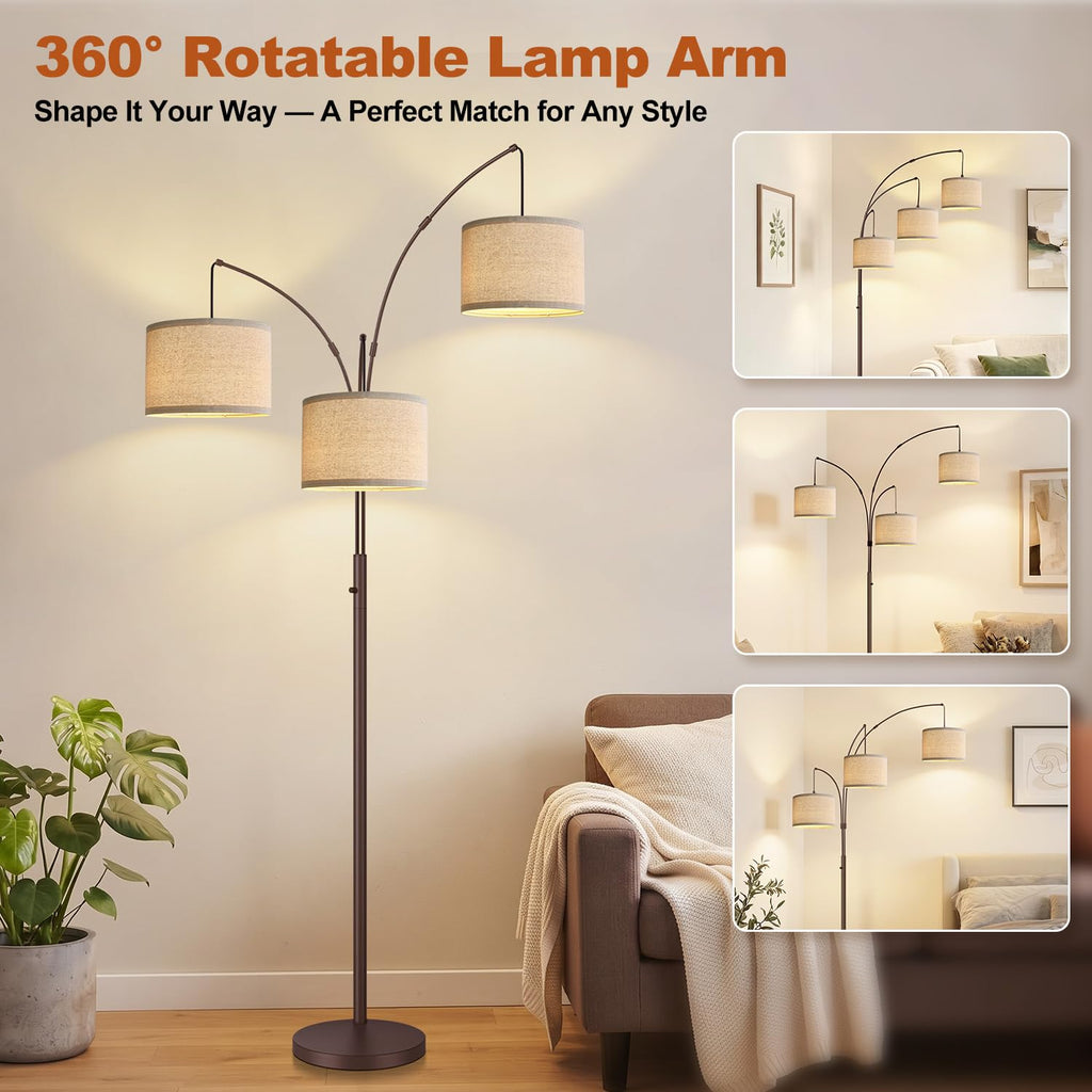 Dimmable Floor Lamp - 3 Lights Gold Arc Floor Lamps, 1000LM Modern Tall Standing Lamp with Black Shades&Heavy Base,3