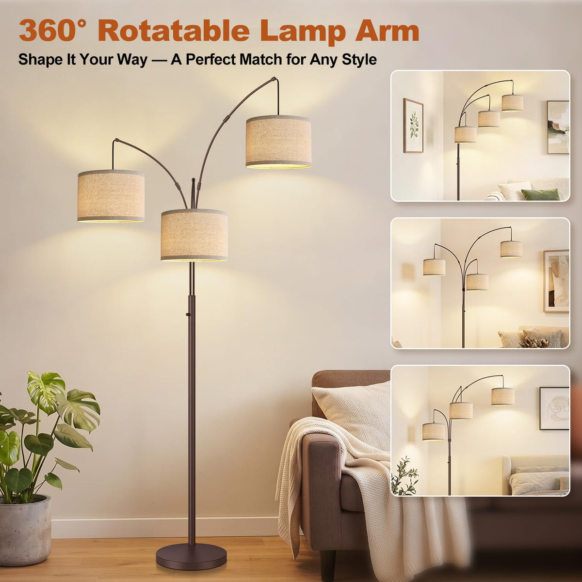 Dimmable Floor Lamp - 3 Lights Gold Arc Floor Lamps, 1000LM Modern Tall Standing Lamp with Black Shades&Heavy Base,3
