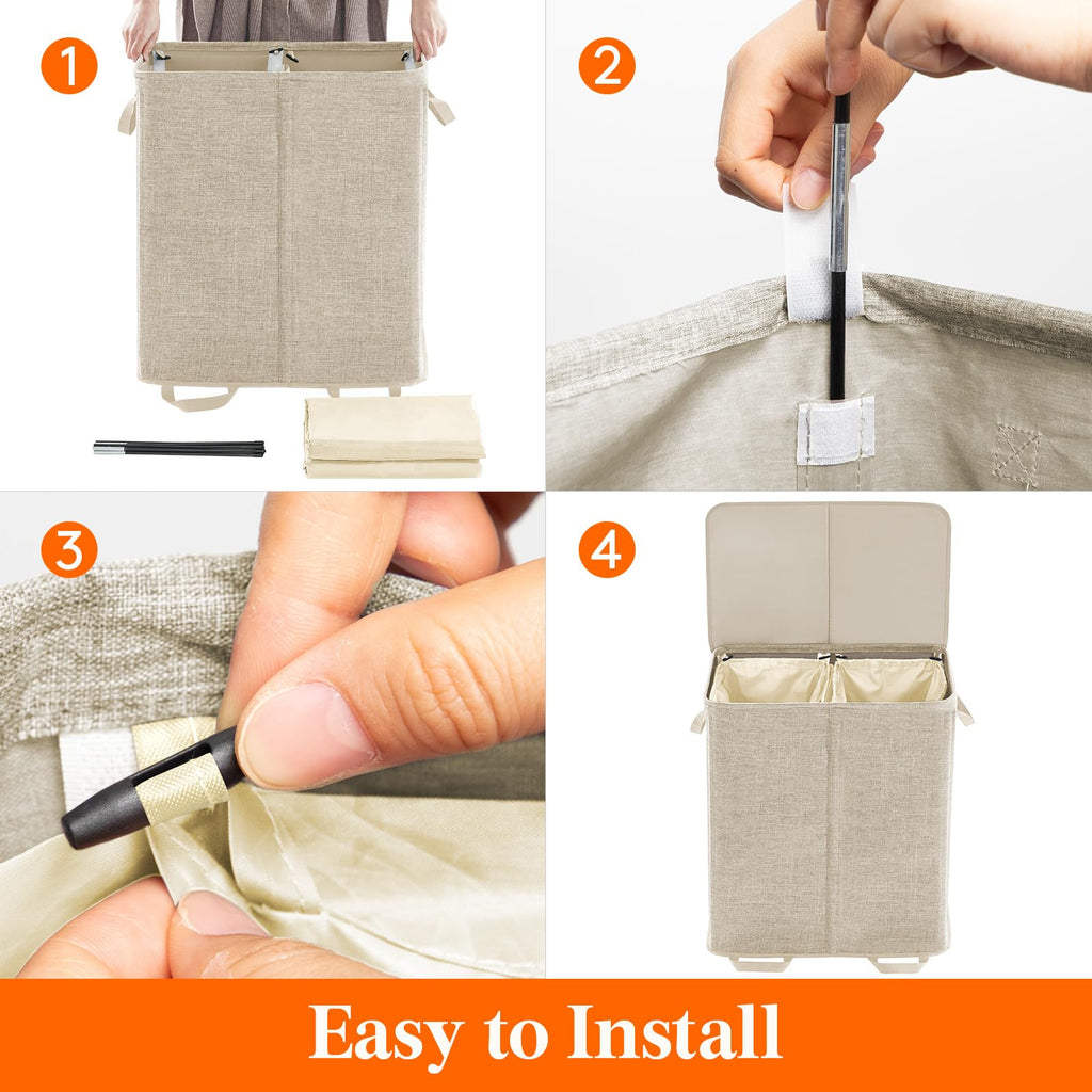 Double Laundry Hamper with Lid, Removable Laundry Bags, Beige