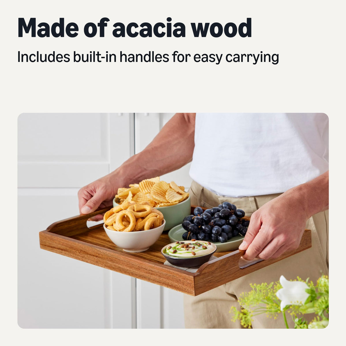 Wooden Serving Tray, 17" x 12" Acacia Wood Decorative Tray Platter With Built-in Handles for Breakfast in Bed, Food &