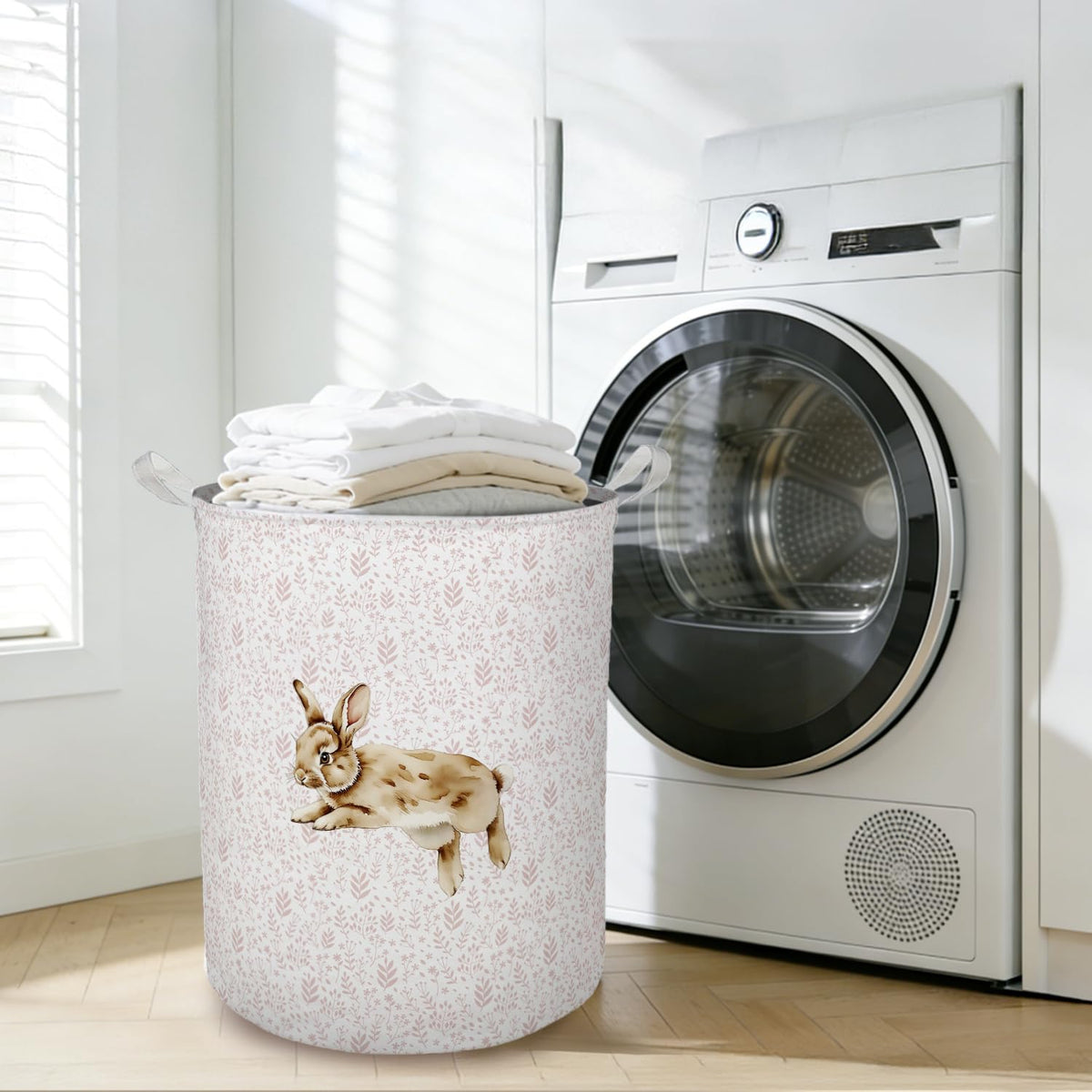 Pink Floral Bunny Laundry Basket Hamper, Bunny Nursery Decor, Pastel Wildflower Rabbit Foldable Clothes Toys Books