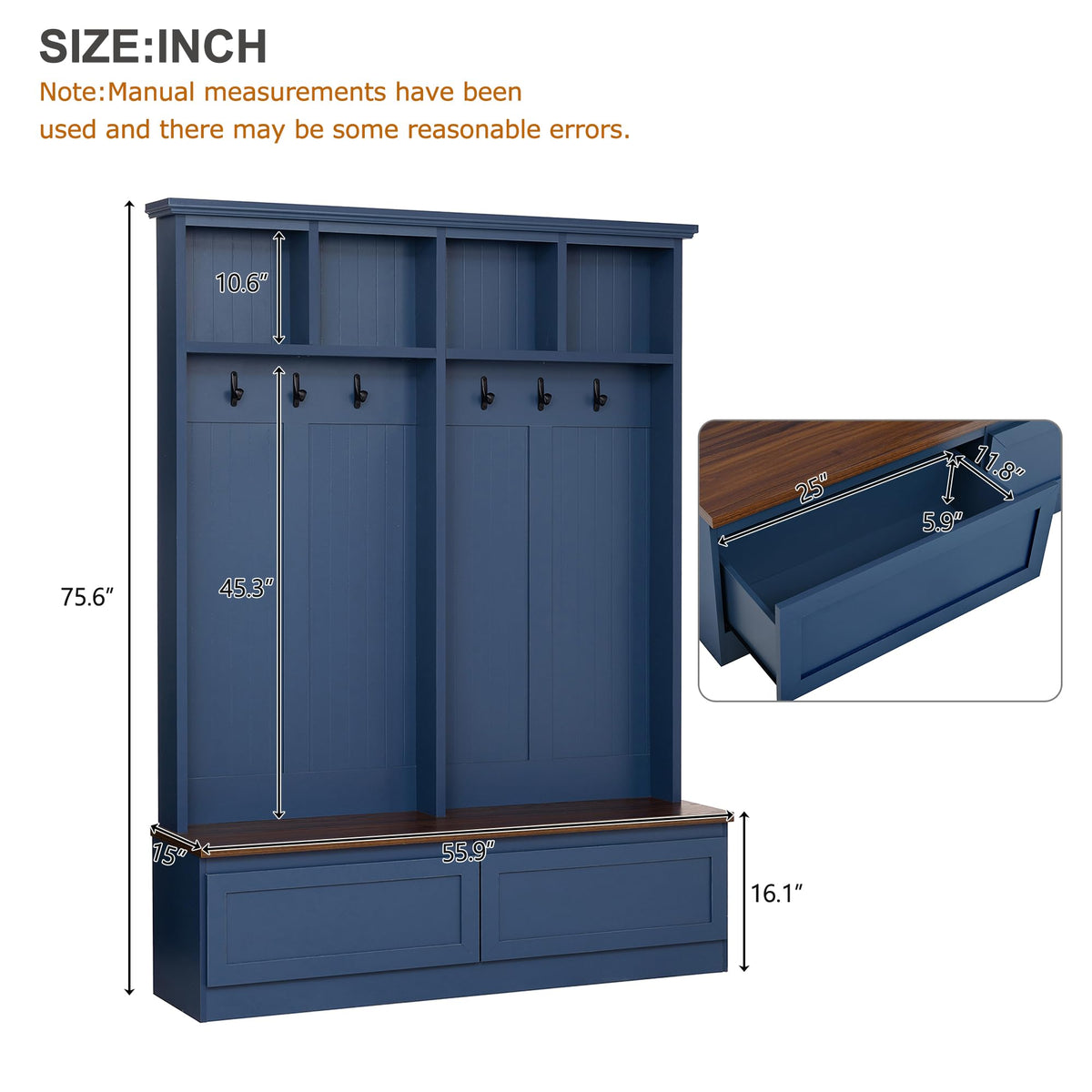 Farmhouse 4-in-1 Hall Tree with Bench and Storage, 55.9 Coat Rack with 6 Hooks, 2 Large Drawers and 4 Open Cubbies
