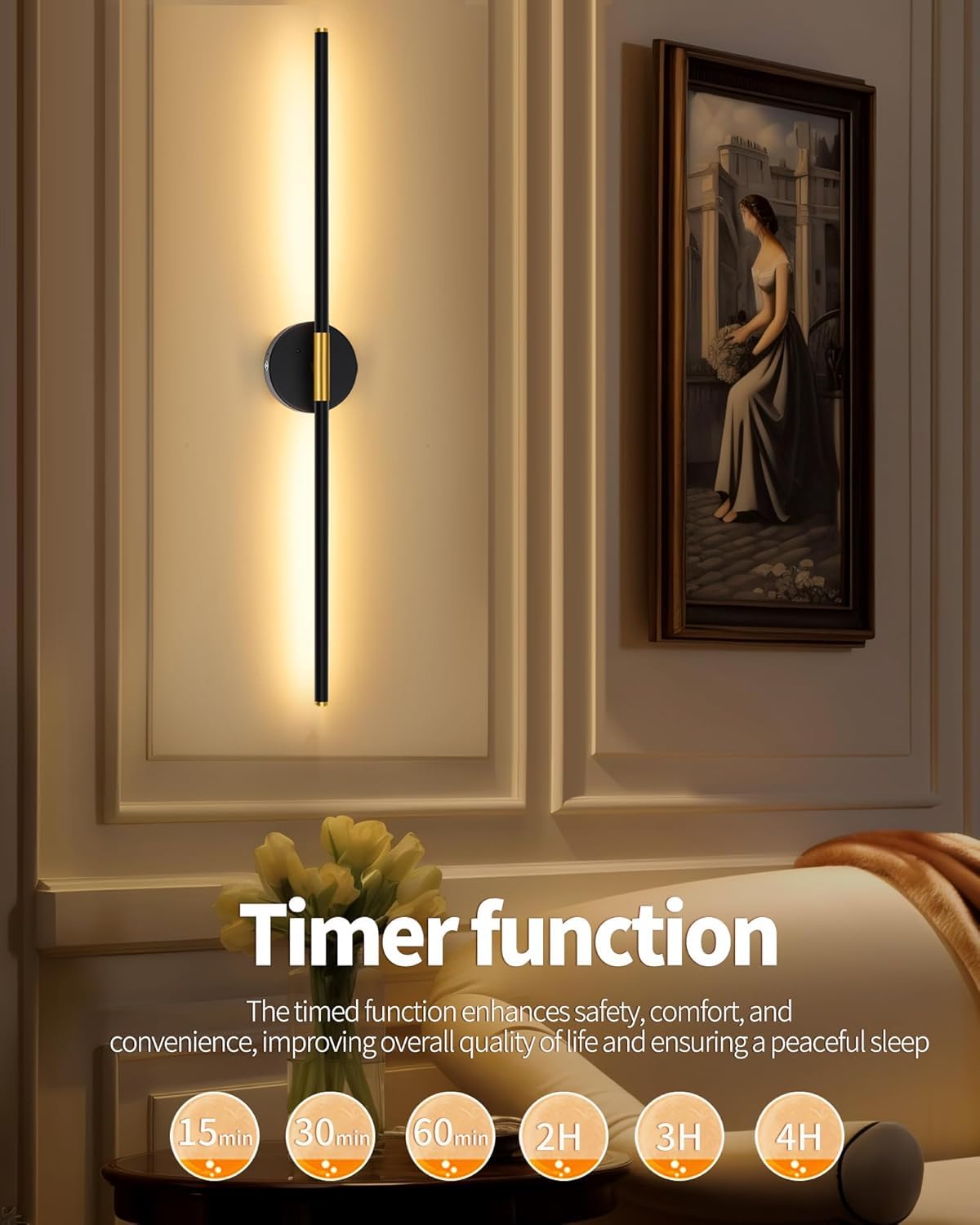 24" Battery Operated Wall Sconce Set of 2, 350° Rotating Lamp, Black Gold