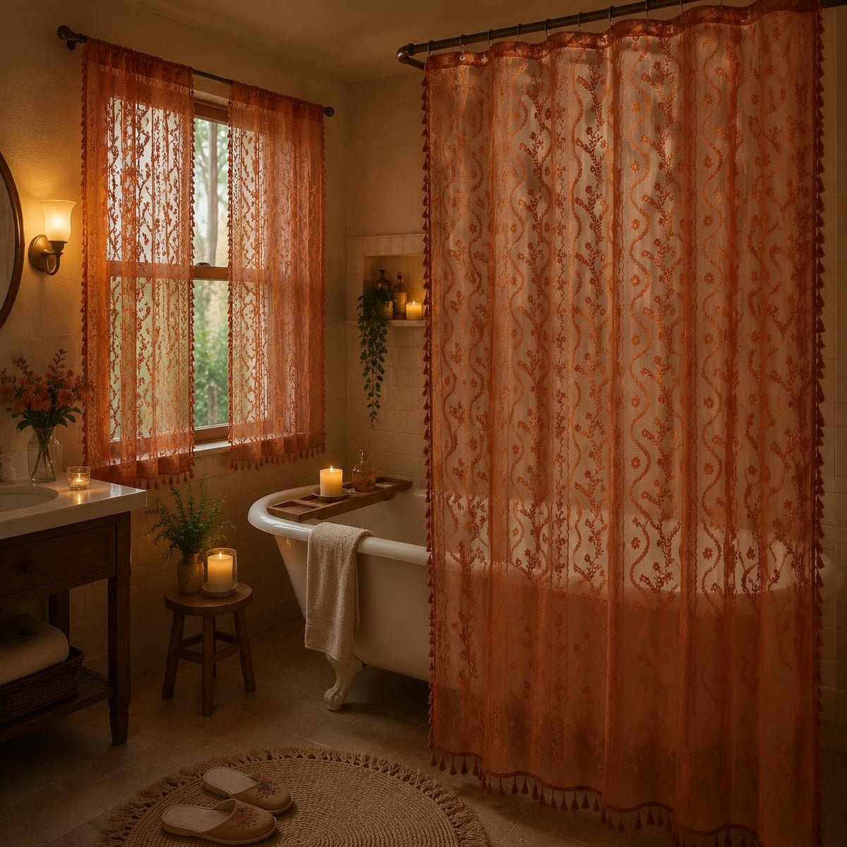 Terracotta Lace Shower Curtain, Boho Chic Fall Color, 72 x 84 in