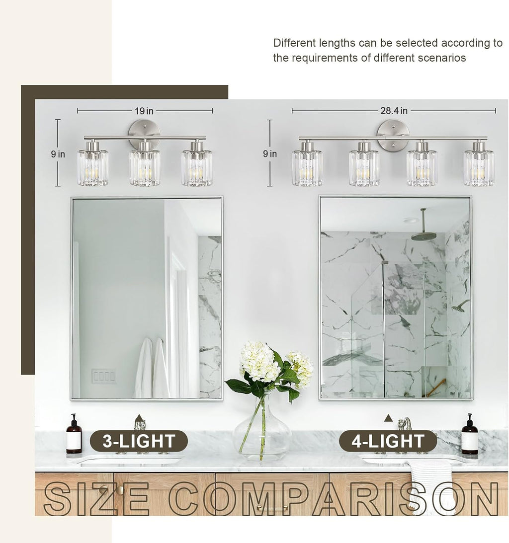 Modern Brushed Nickel Crystal Bathroom Light Fixtures,3-Light | Bathroom Lighting Fixtures over Mirror,Vanity Lights
