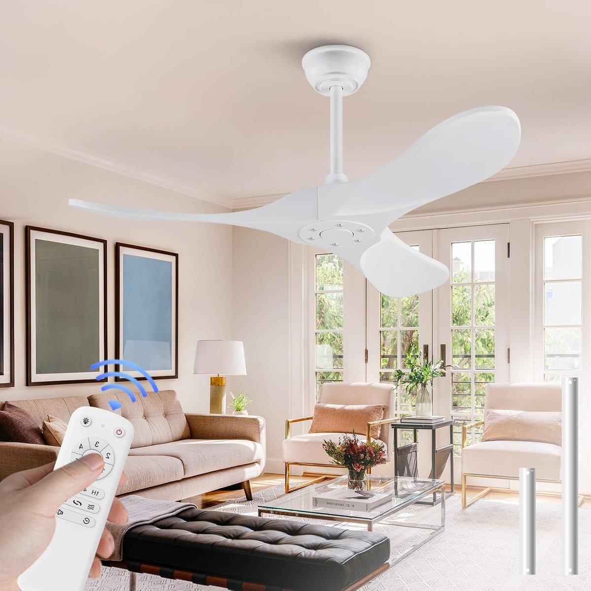 Inspired Maverick Style 42 Inch Solid Wood Ceiling Fan with Remote, White, no Light, 6 Speeds, Reversible DC Motor, Modern Ceiling Fans Without Lights for Outdoor Indoor Bedroom Farmhouse,Patios
