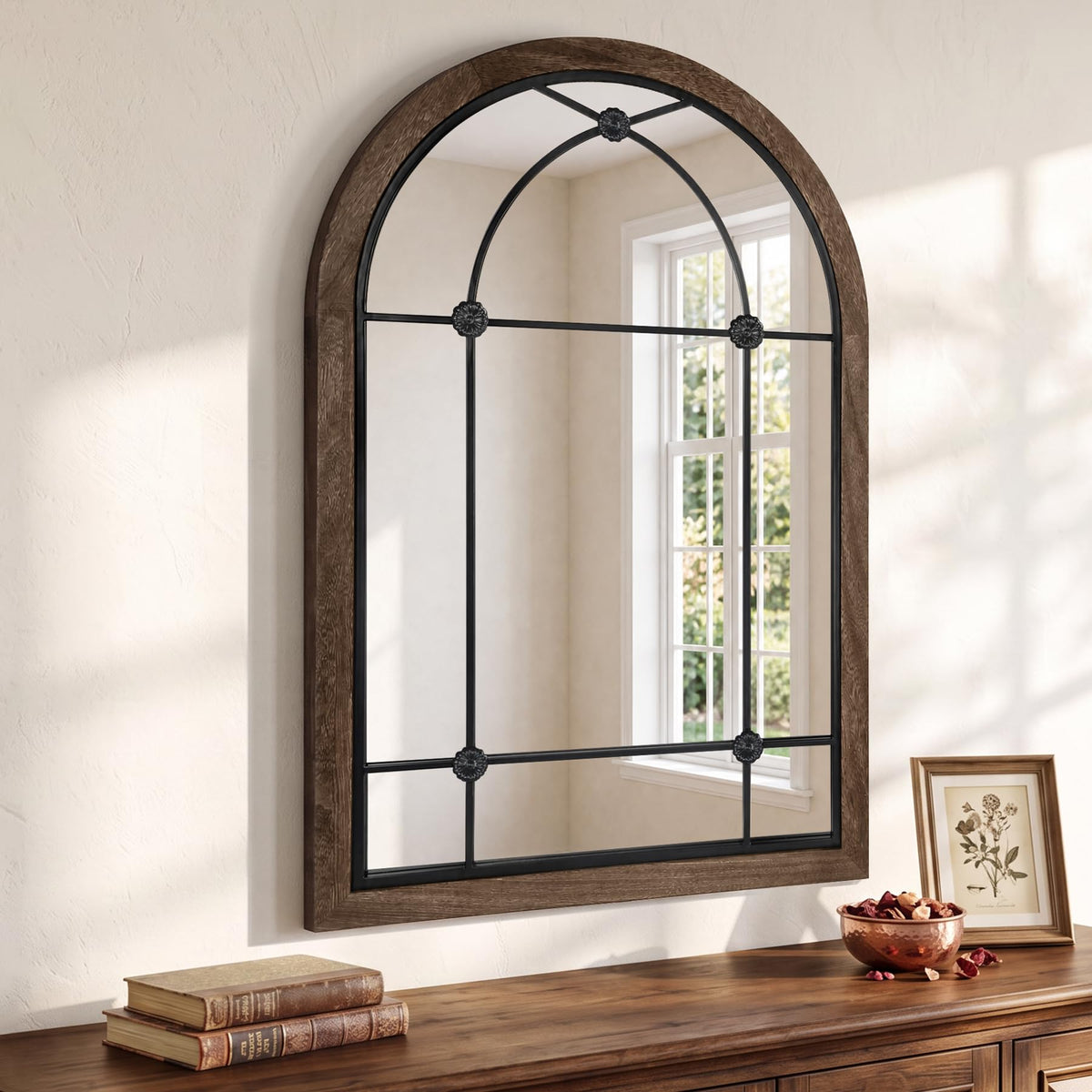 36x24 Inch Arched Window Pane Mirror, Wood Frame Farmhouse Mirror