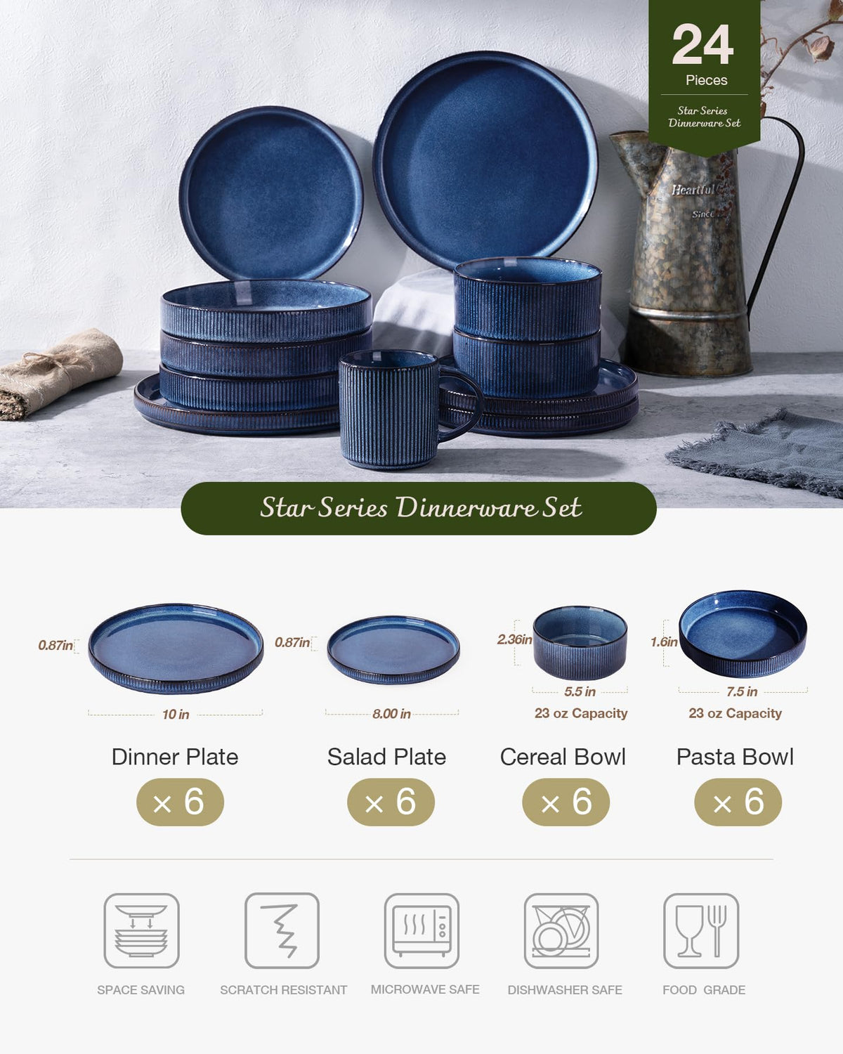Star Stoneware Dinnerware Sets with Pasta Bowls, 24pc Dishes for 6