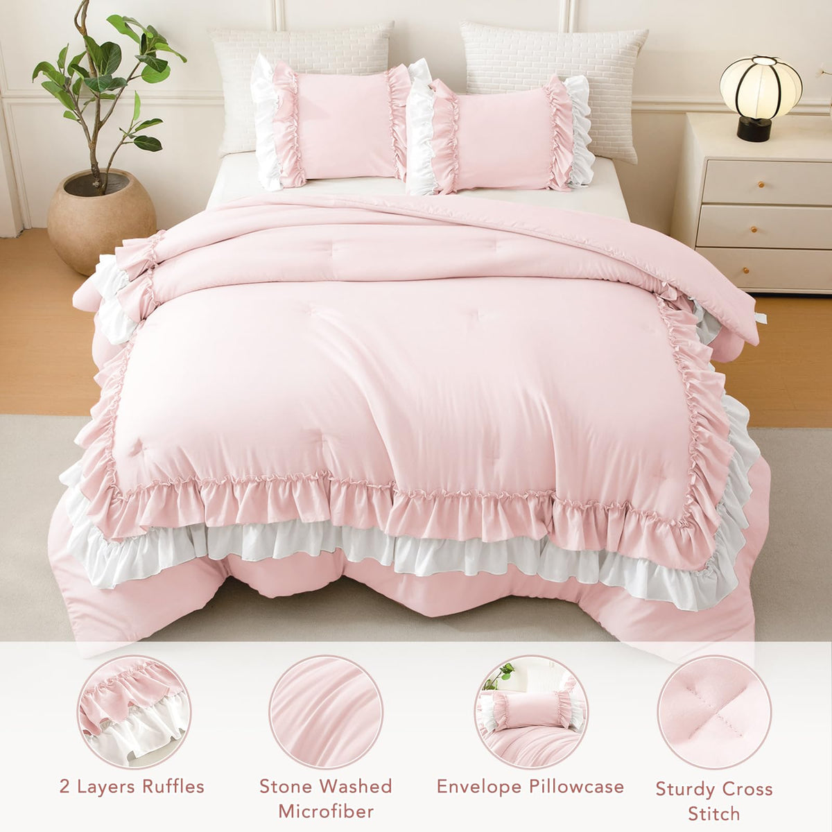 3PCs Blush White Ruffled Comforter Queen Size, Farmhouse Shabby Boho Chic Ruffle Bedding Comforter Set Queen French