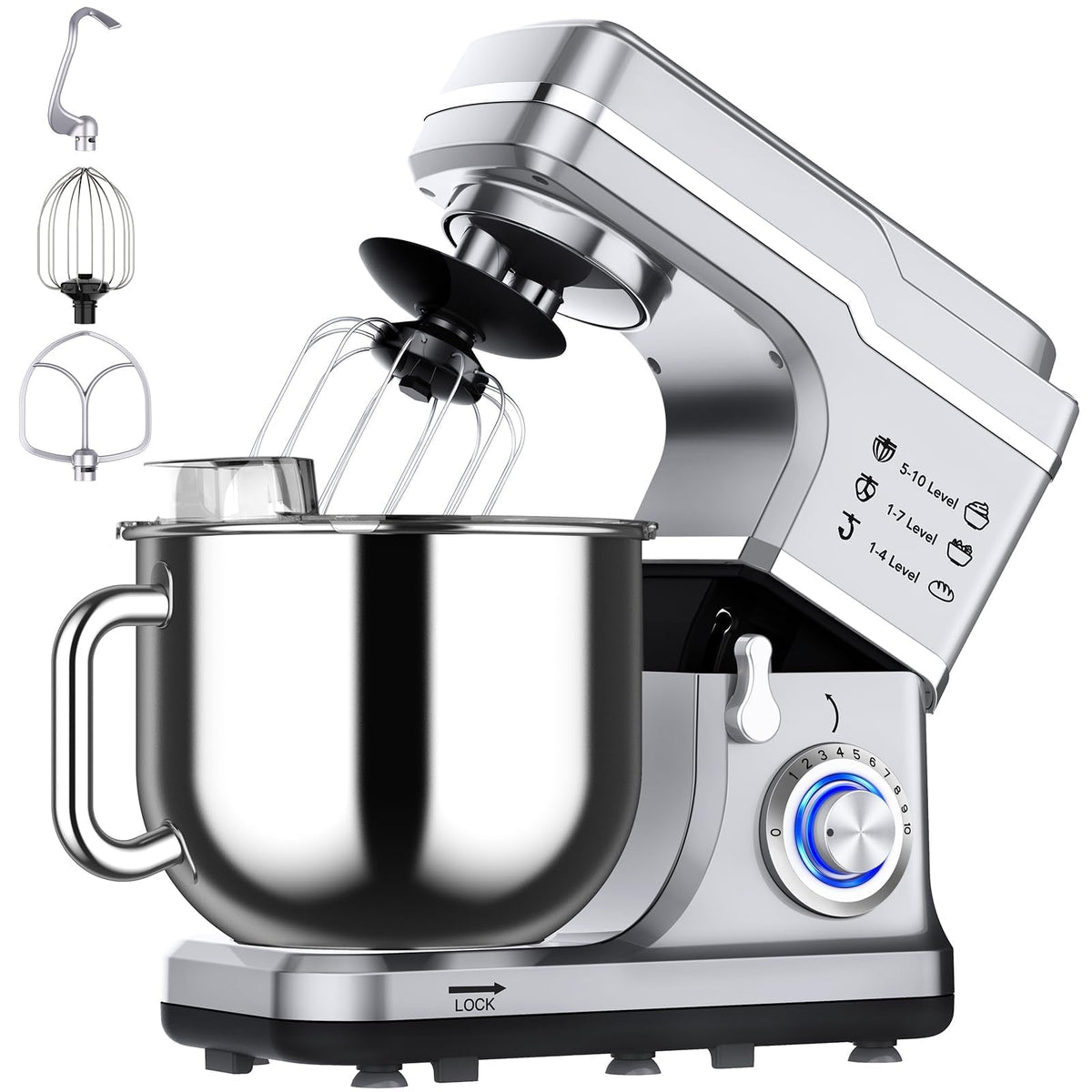 7.5 QT Stand Mixer, 10-Speed Tilt-Head Electric Mixer with Stainless Steel Bowl, Dough Hook, Whisk, Beater, Splash