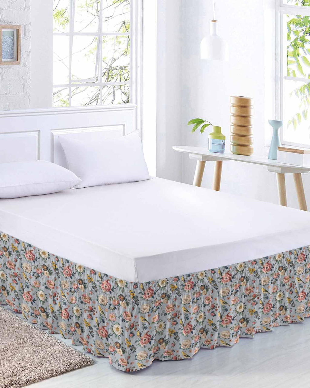 Vintage Spring Floral Bed Skirt 18 Inch Drop, Adjustable Elastic Bedskirt Dust Ruffle for Bed
