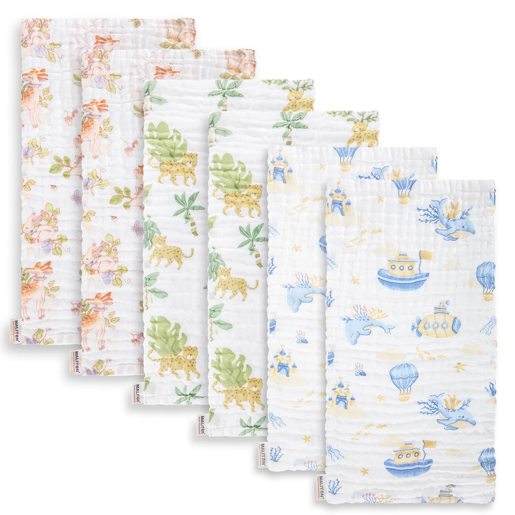 Muslin Baby Burp Cloths 20" x 10" - Large, 6-Layer, (Floral)