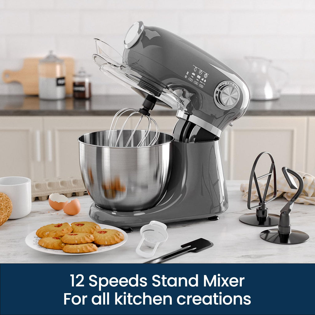 5.5QT 12-Speed Electric Stand Mixer, Tilt Head Kitchen Mixer, Grey