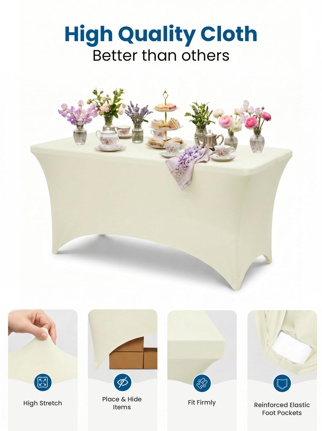 Spandex Table cloth 2 Pack [8FT, 96Lx30Wx30H Inch, Ivory]