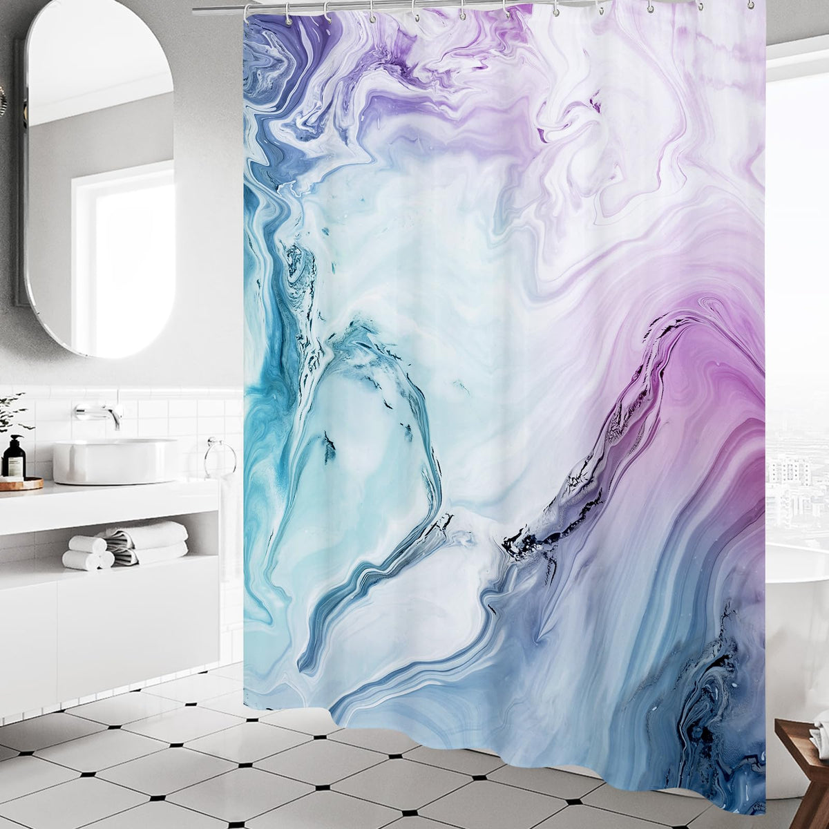 Blue & Purple Marble Shower Curtain, Abstract Watercolor, 72 x 84 Inches