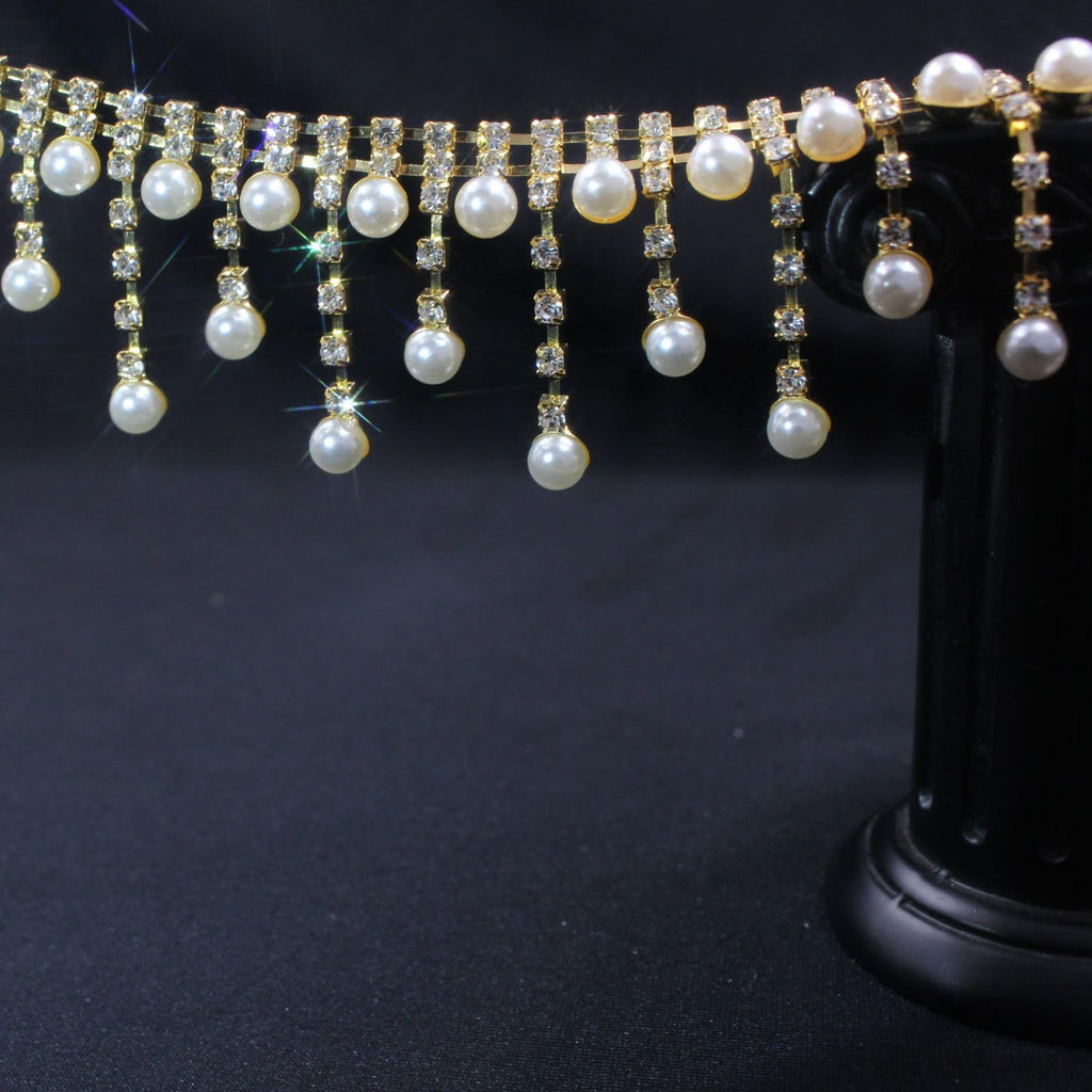 Pearl Rhinestone Trim Chain Crystal Fringe Gold Diamond Applique Ribbon String Tassel Strip for Sewing Wedding - 1 Yard