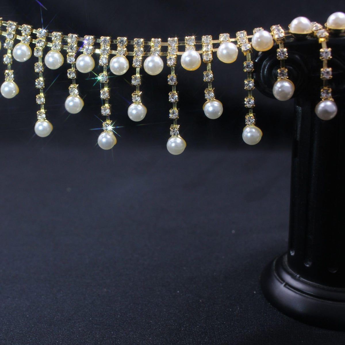 Pearl Rhinestone Trim Chain Crystal Fringe Gold Diamond Applique Ribbon String Tassel Strip for Sewing Wedding - 1 Yard
