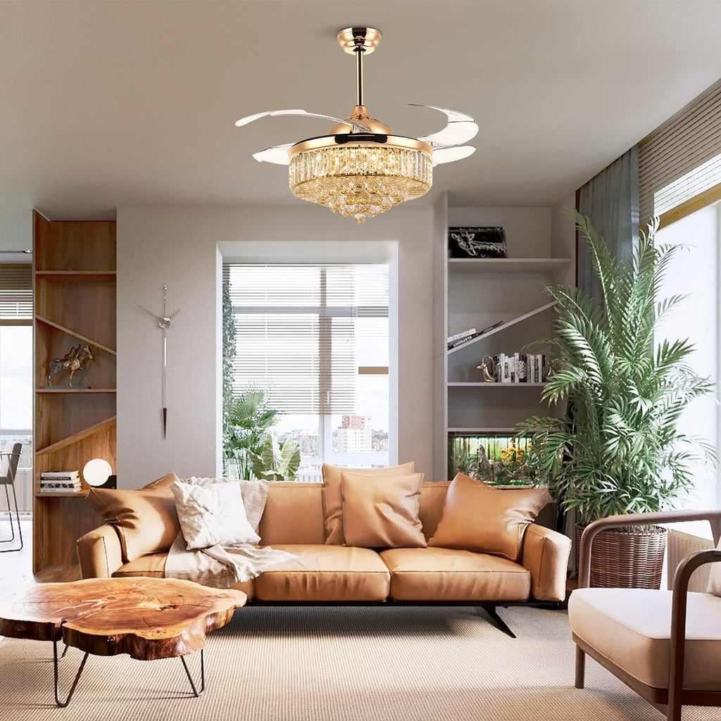Gold Crystal Retractable Ceiling Fan with Light & Remote