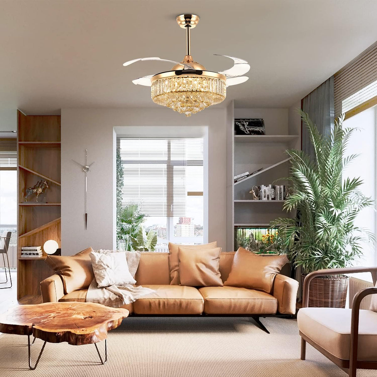 Gold Crystal Retractable Ceiling Fan with Light & Remote
