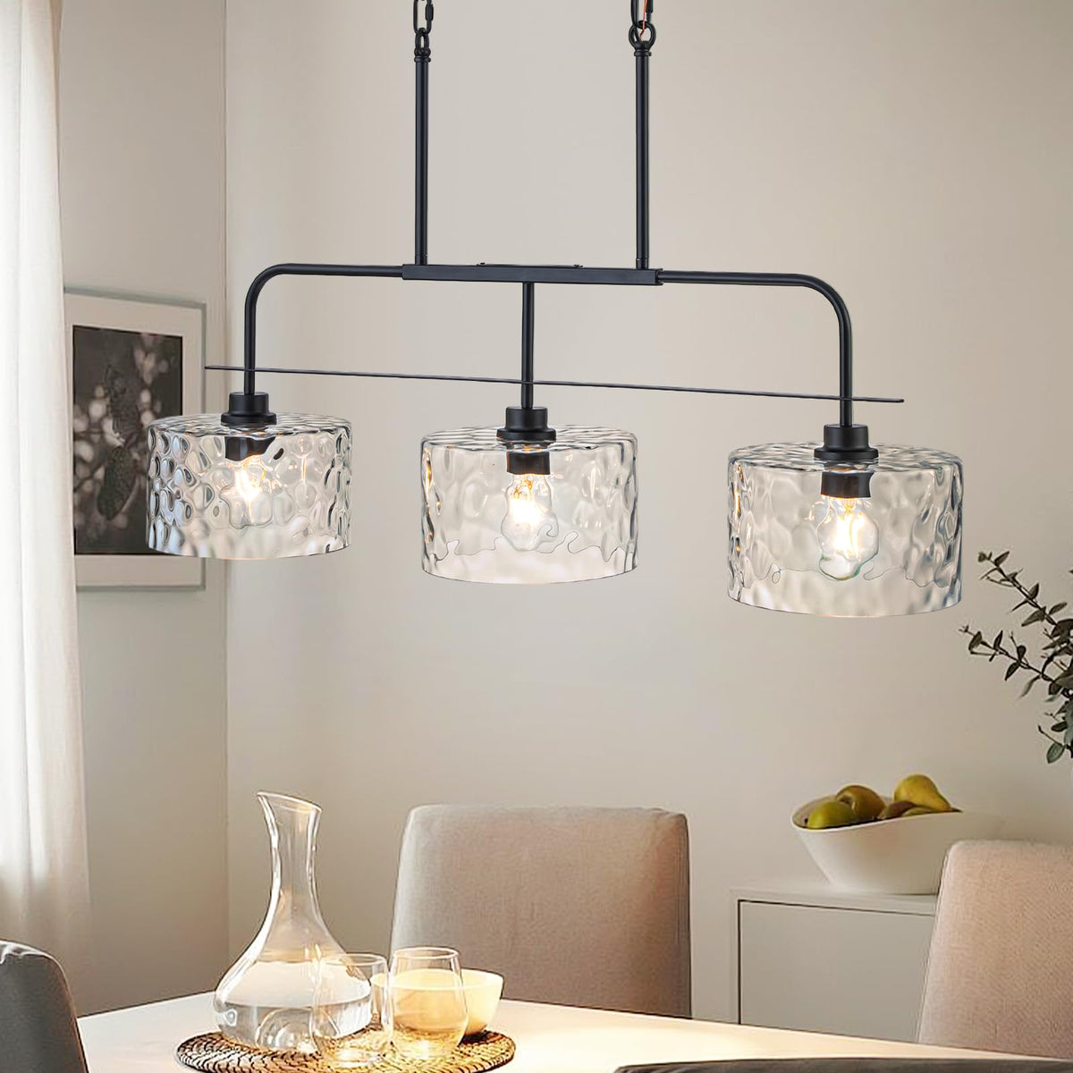 36" Linear Chandelier with Clear Rippled Glass Shades 3-Light Black Linear Pendant Light, Industrial Hanging