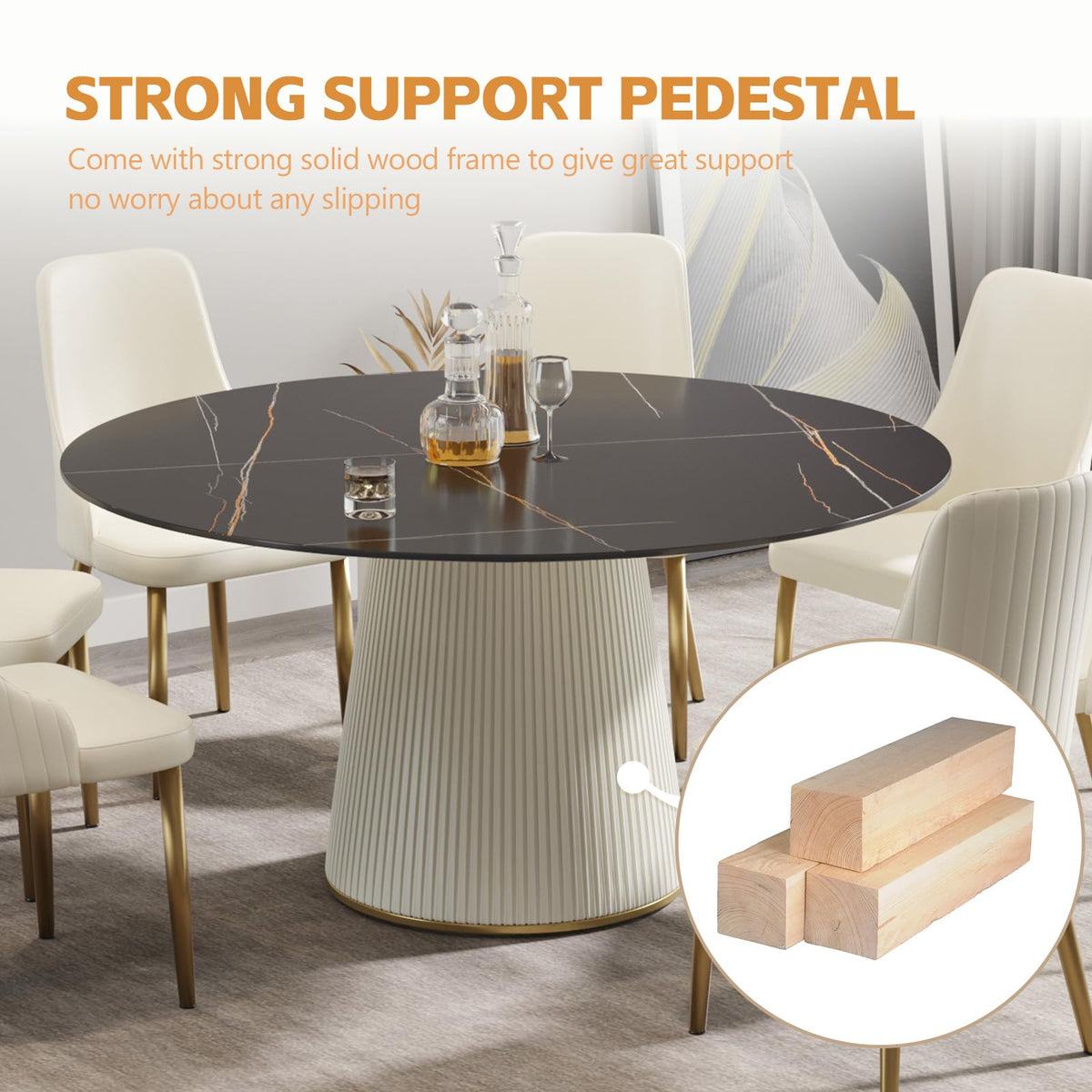 53'' Round Marble Dining Table for 4, Modern Black Sintered Stone Kitchen Dinner Table with Solid Wood Panel