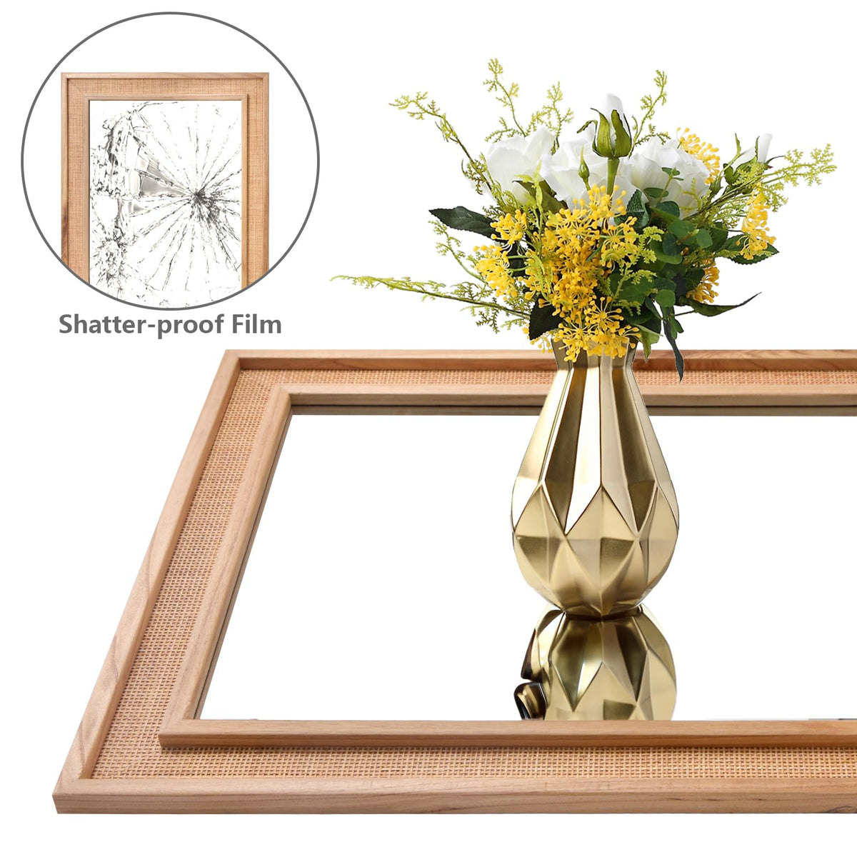 Rattan Wall Mounted Mirror 24"x32" Wood Framed Farmhouse Hanging Bathroom Mirror Decorative Rectangle Wall Mirror