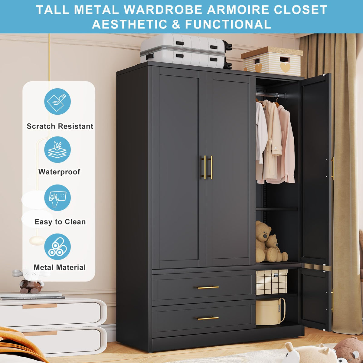Metal Armoire Wardrobe Closet, 70.5" Bedroom Clothing Storage Cabinet