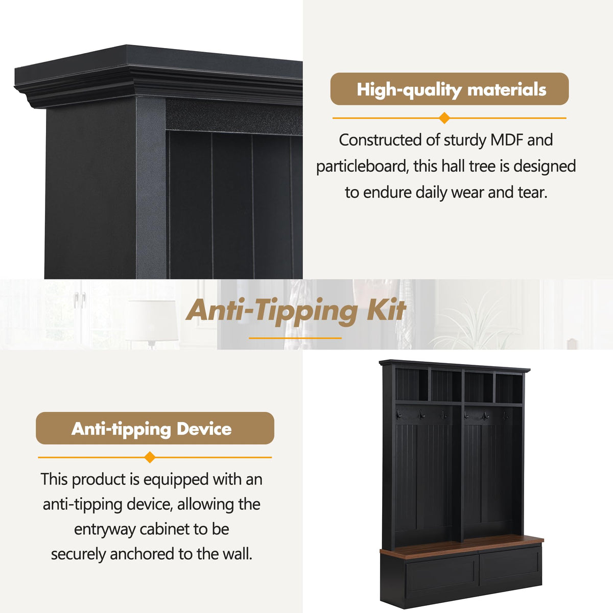 Farmhouse Wood Hall Tree with Bench and Storage Drawers, 4-in-1 Coat Rack with 6 Hooks for Entrance, Hallway Black