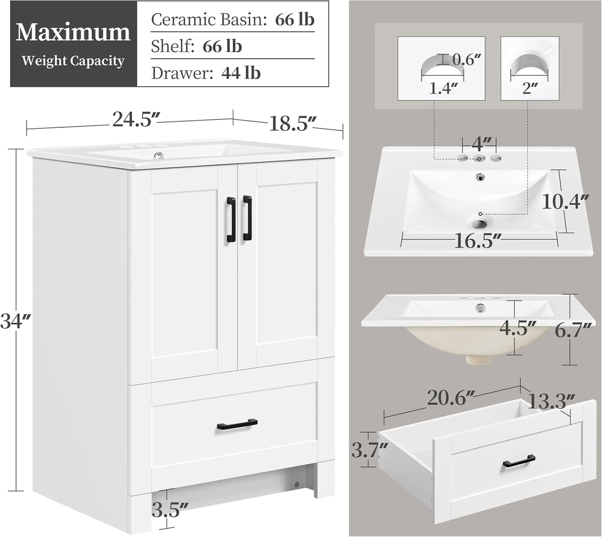 24.5" Modern Bathroom Vanity with Ceramic Basin, Undermount Vanity Sink Cabinet with 2 Doors and 1 Drawer, Free Standing Bathroom Storage Cabinet with Sink Combo Set, White