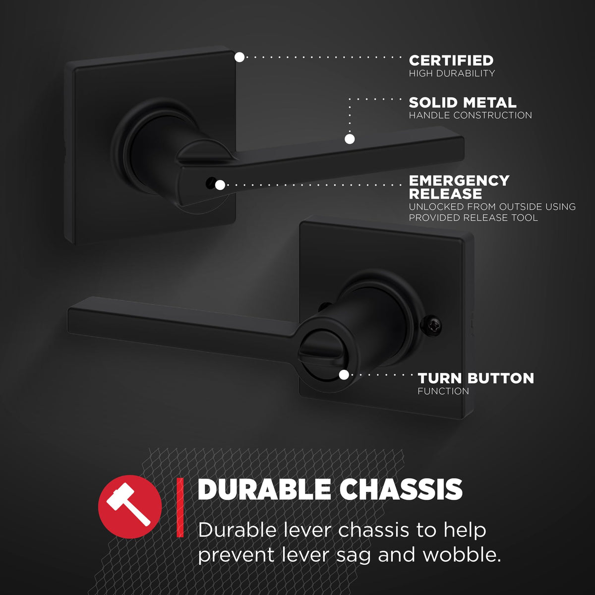 Casey Privacy Door Lever with Lock, Matte Black
