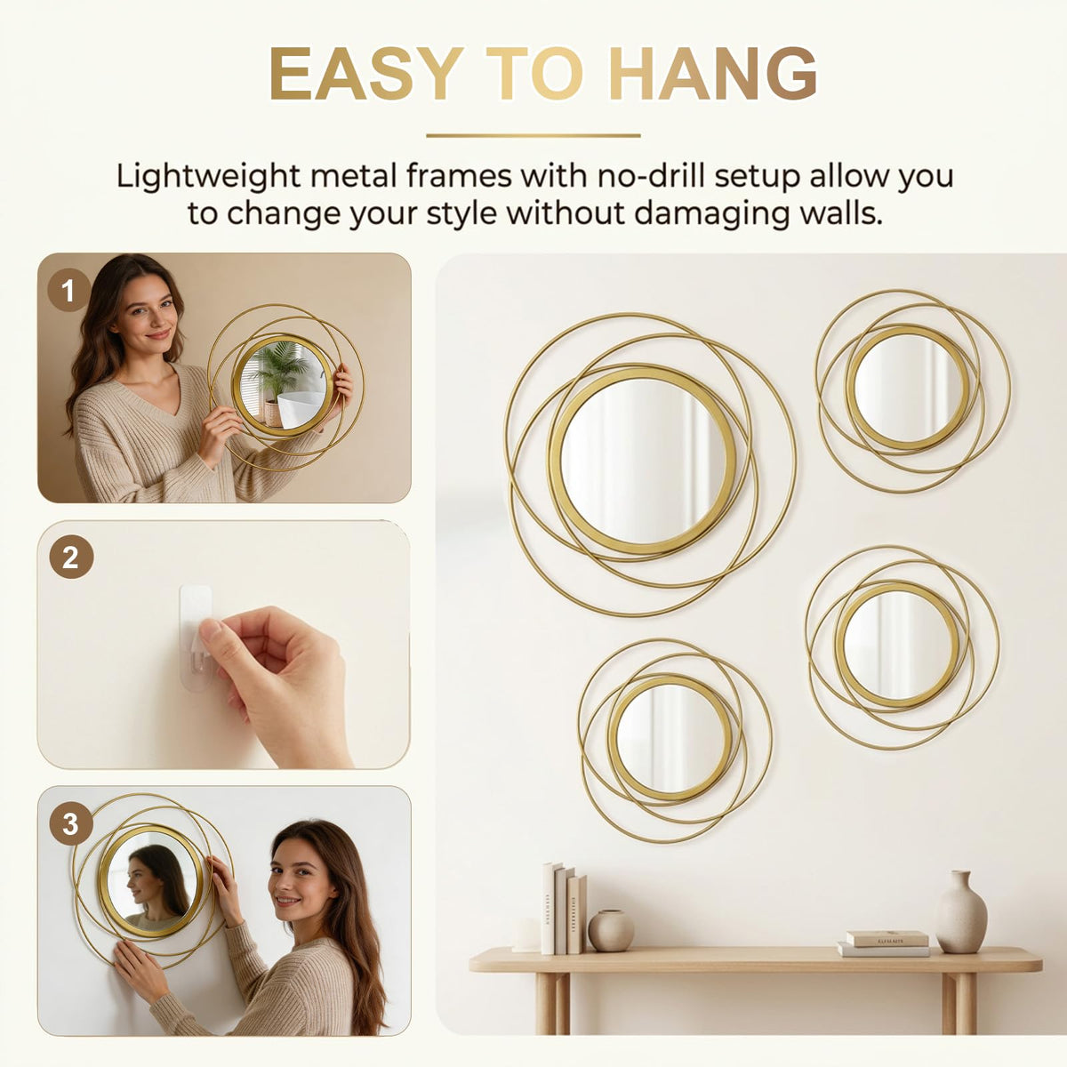 4 Piece Gold Round Wall Mirror Set Modern Metal Circles Decor