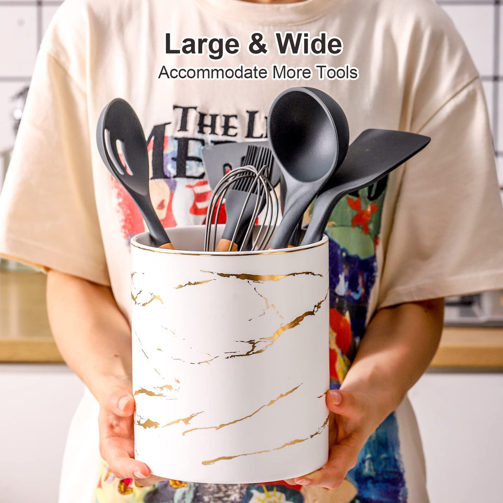 7" Marble Utensil Holder, Large Kitchen Utensil Holder Organizer, Golden Marble White Stable Utensil Crock Spatula
