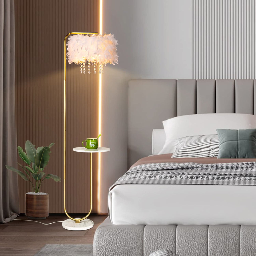 Inspired Arco Style Unique Led White Feather Floor Lamp with Tray, Ostrich Feather Stand Lamp, Living Room Bedroom Office Shop Window