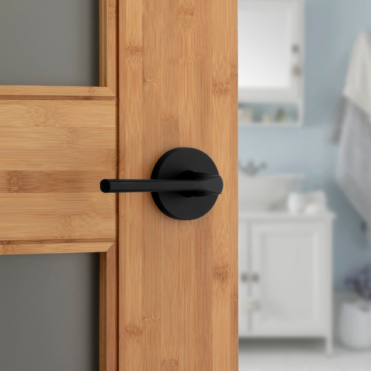 Lisbon Interior Privacy Door Handle with Lock, Round Lever , Matte Black Reversible Keyless Push Button Lock Door