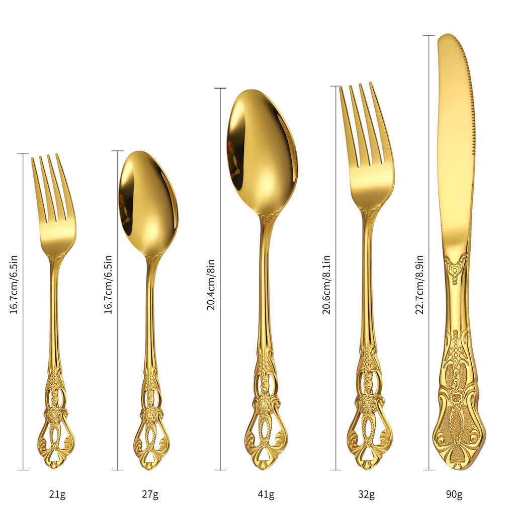 Retro Silverware Gold Set for 4 Stainless Steel Flatware Royal 20 Piece Cutlery Sets Knives Spoons Forks Vintage