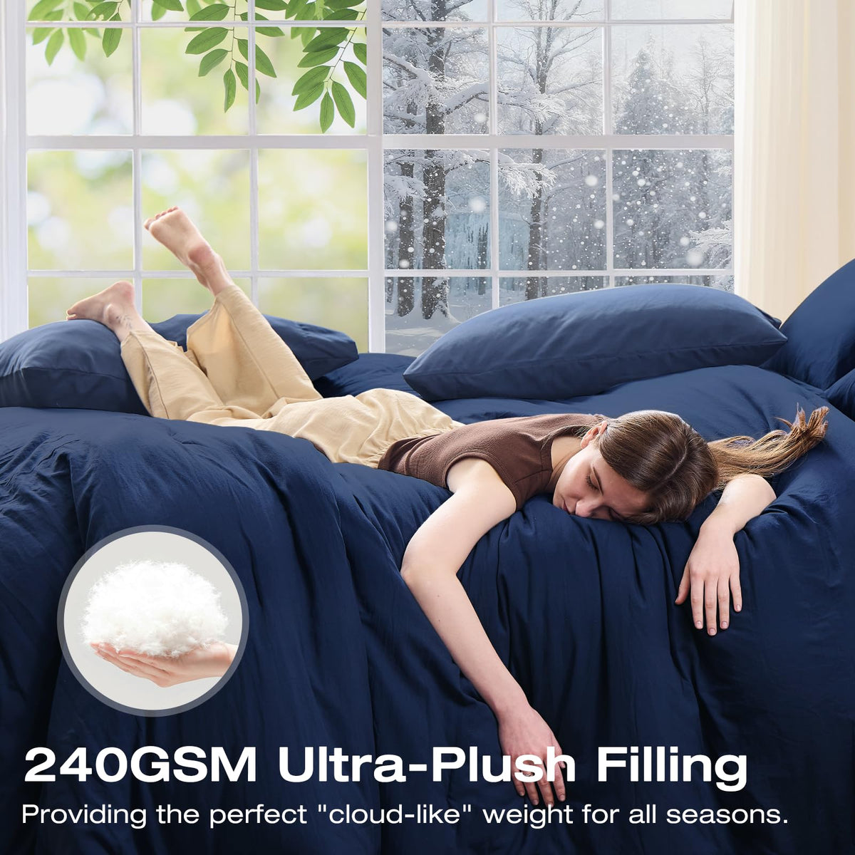 Comforter Set 7-Piece Navy Blue, Pre-Washed Bed in a Bag