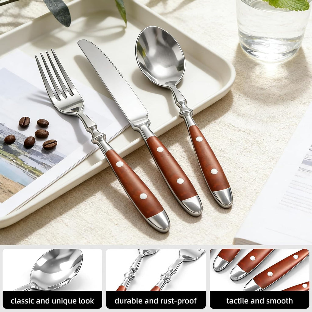Brown Silverware Set, Flatware Set with Brown Bakelite Handle, 20pcs