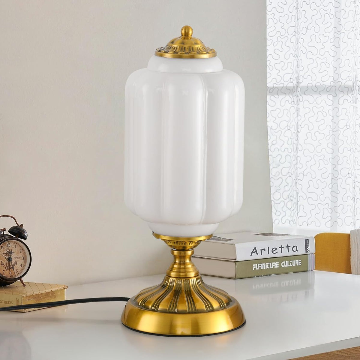 Vintage Milk Glass Table Lamp, Art Deco Mid Century Modern Bedside Lamp, Bedroom Nightstand & Living Room Essential