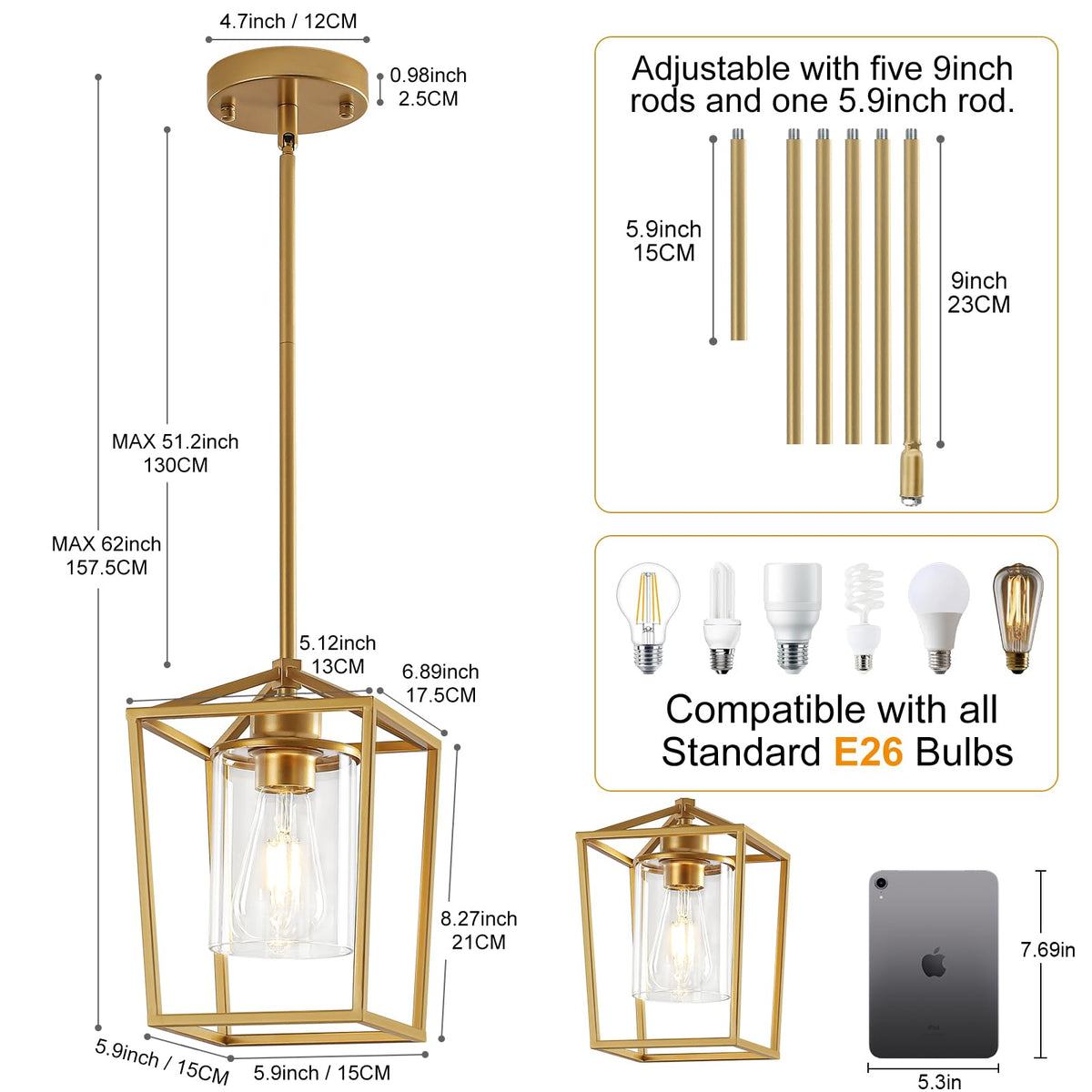 2 Pack Gold Pendant Lights Kitchen Island, Modern Farmhouse Kitchen Pendant Light Fixtures, Metal Cage Island Lights