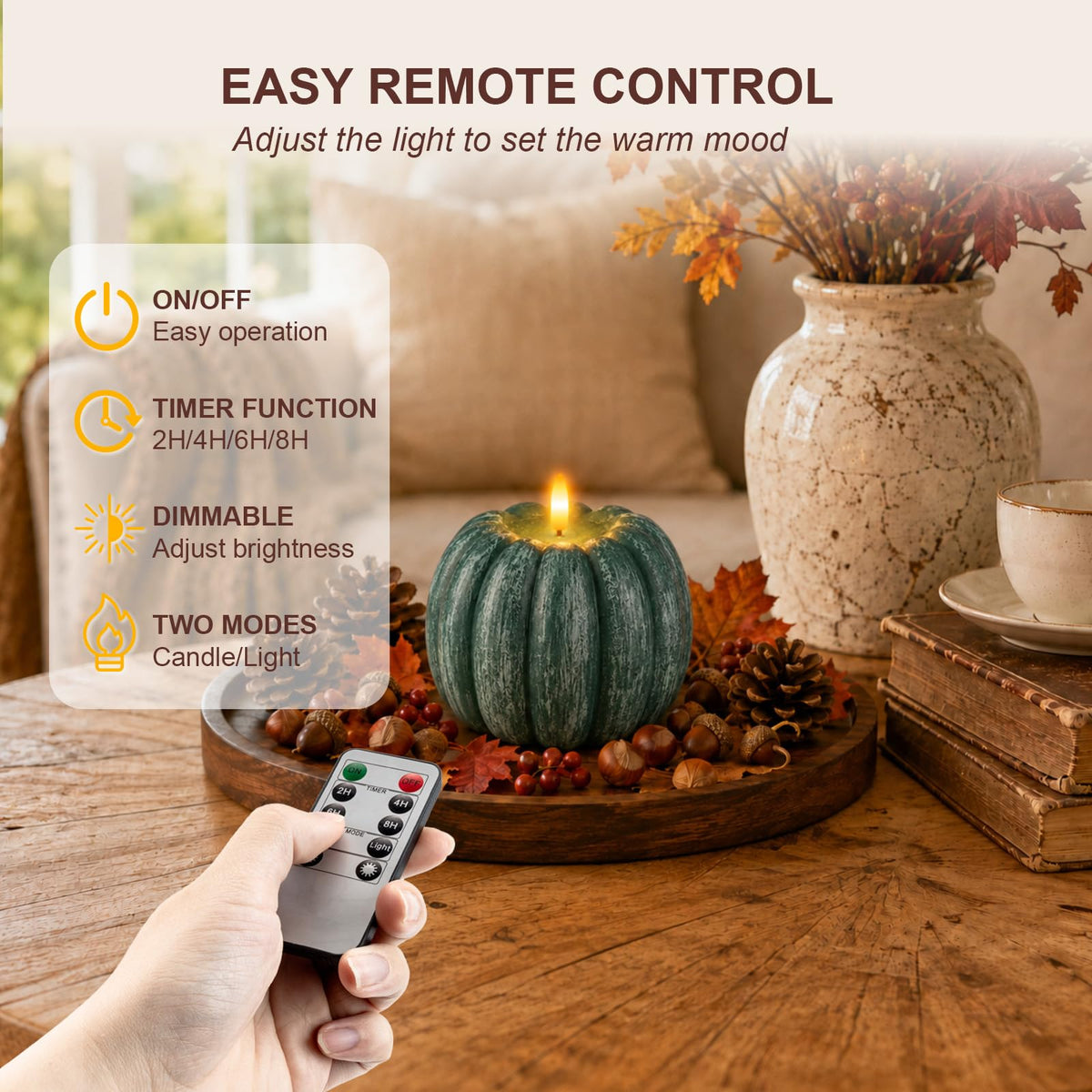 Flameless Wax Pumpkin Candle Flickering with Remote for Fall Decor