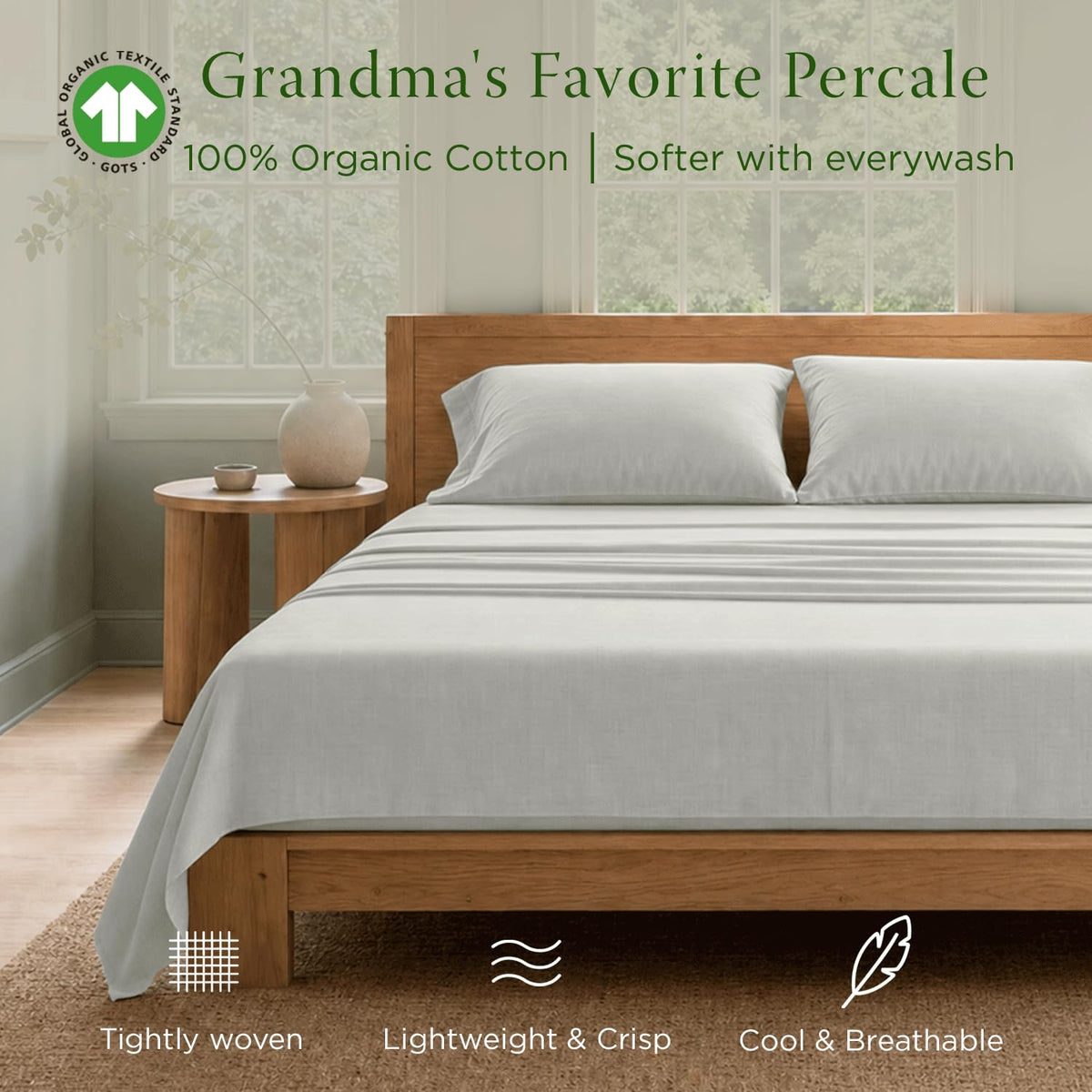 Organic Cotton Twin Sheet Set, Percale, Light Grey, 3-Piece