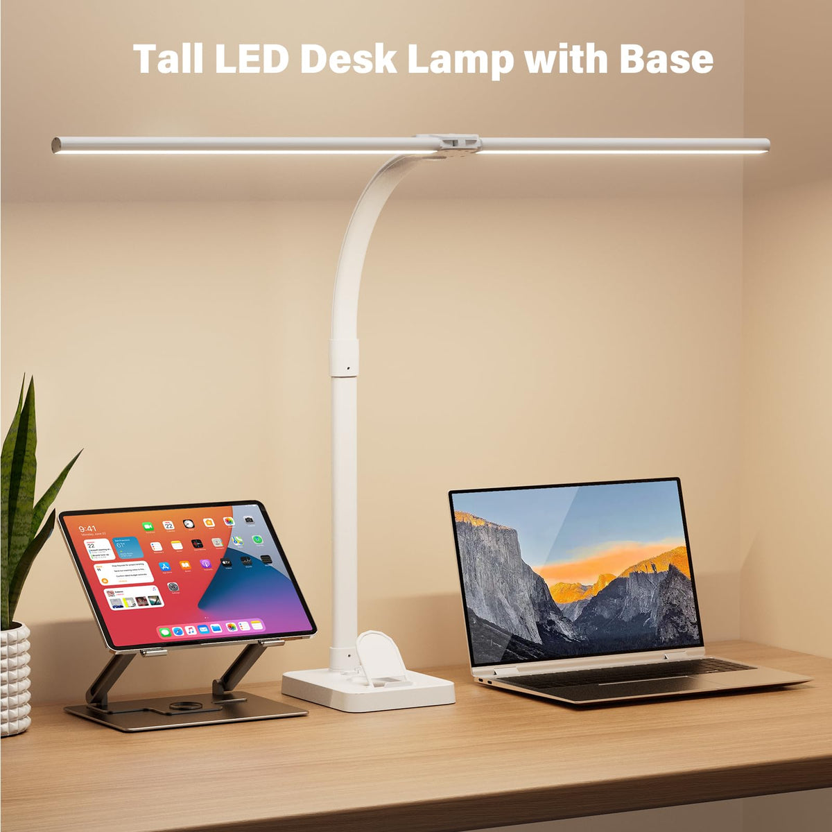 LED Desk Lamp with Base - Bright Dimmable Computer Lamp with Phone Holder, 24W Bendable Desk Light for Monitor