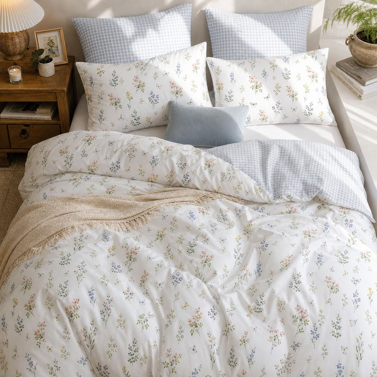 Gingham Duvet Cover 3 Pieces Colourful Floral Bedding Set