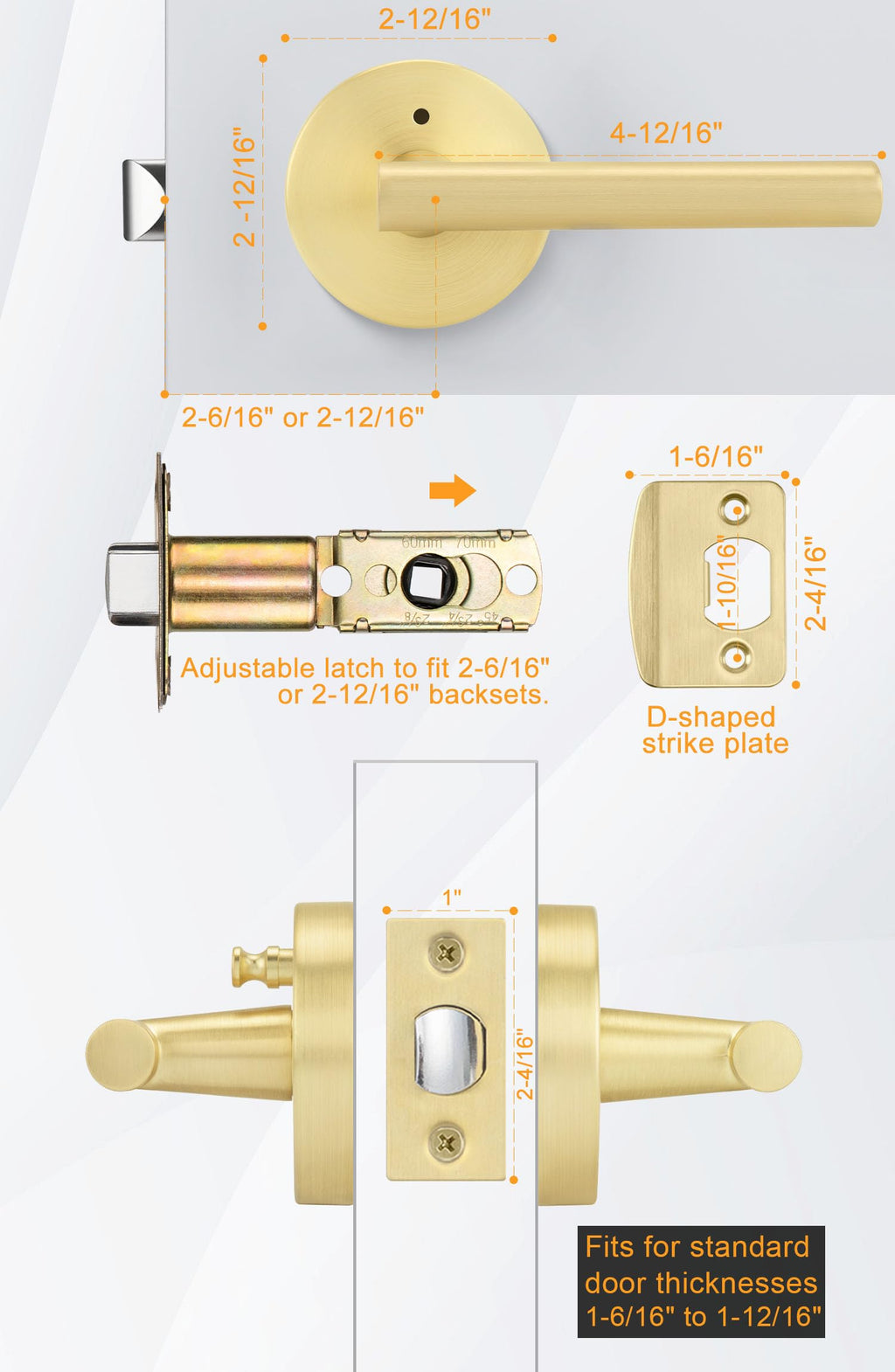 Gold Interior Door Handles, Brushed Gold Privacy Lever Door Handle, Heavy Duty Interior Bedroom Door Lever Pack (8