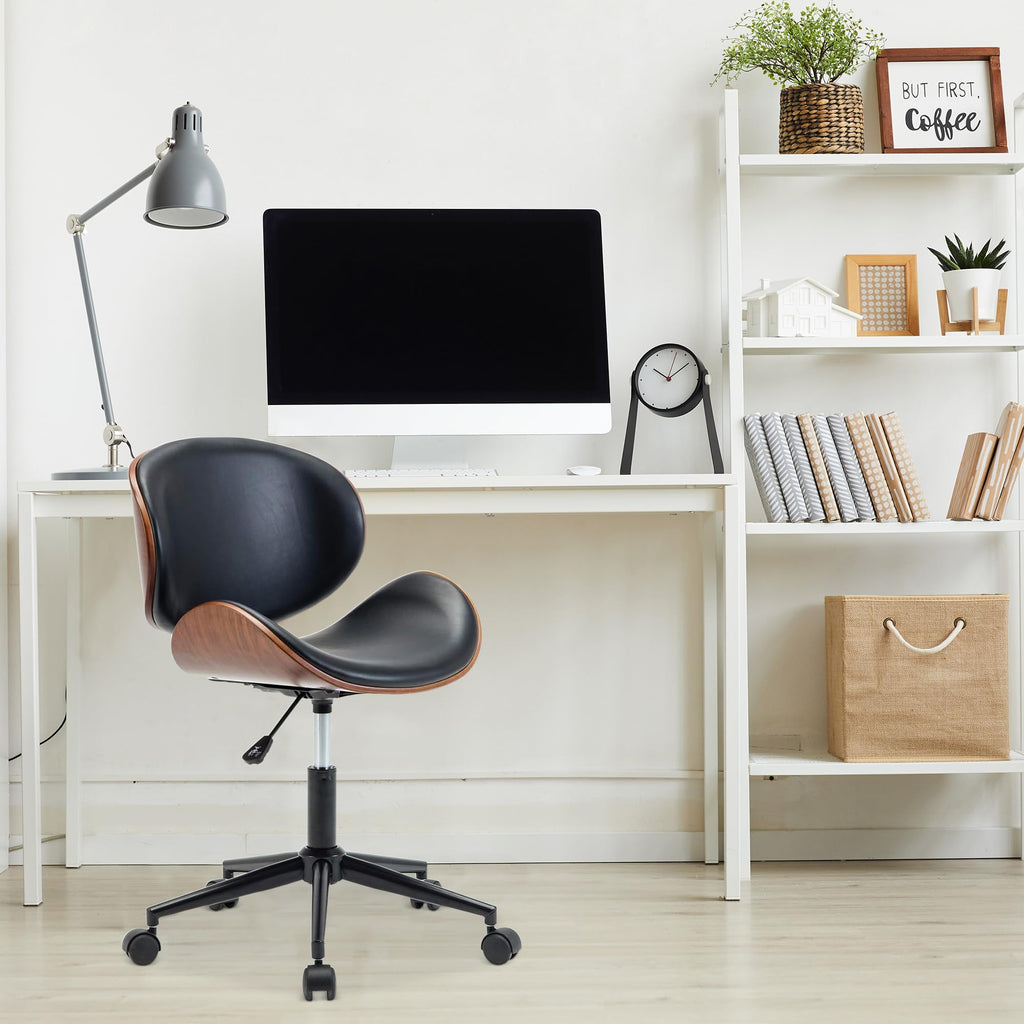 Inspired Eames Style Mid Century Modern Shell Chair, Classic Tripod Design Walnut Plywood Faux Leather Upholstered Lounge Armless Chair