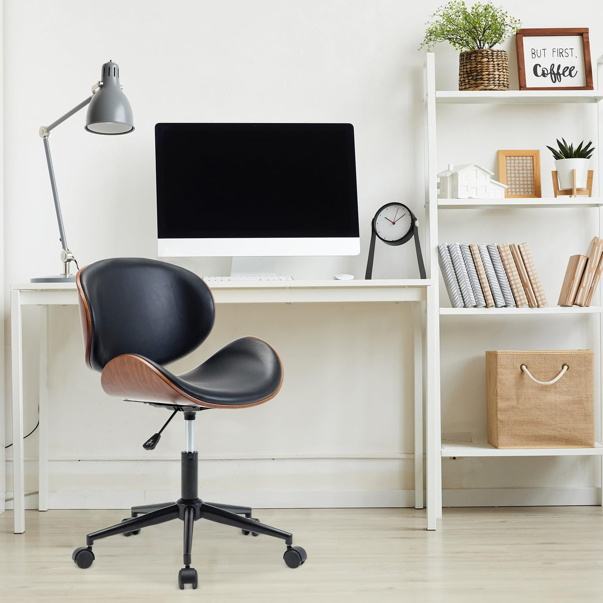 Inspired Eames Style Mid Century Modern Shell Chair, Classic Tripod Design Walnut Plywood Faux Leather Upholstered Lounge Armless Chair
