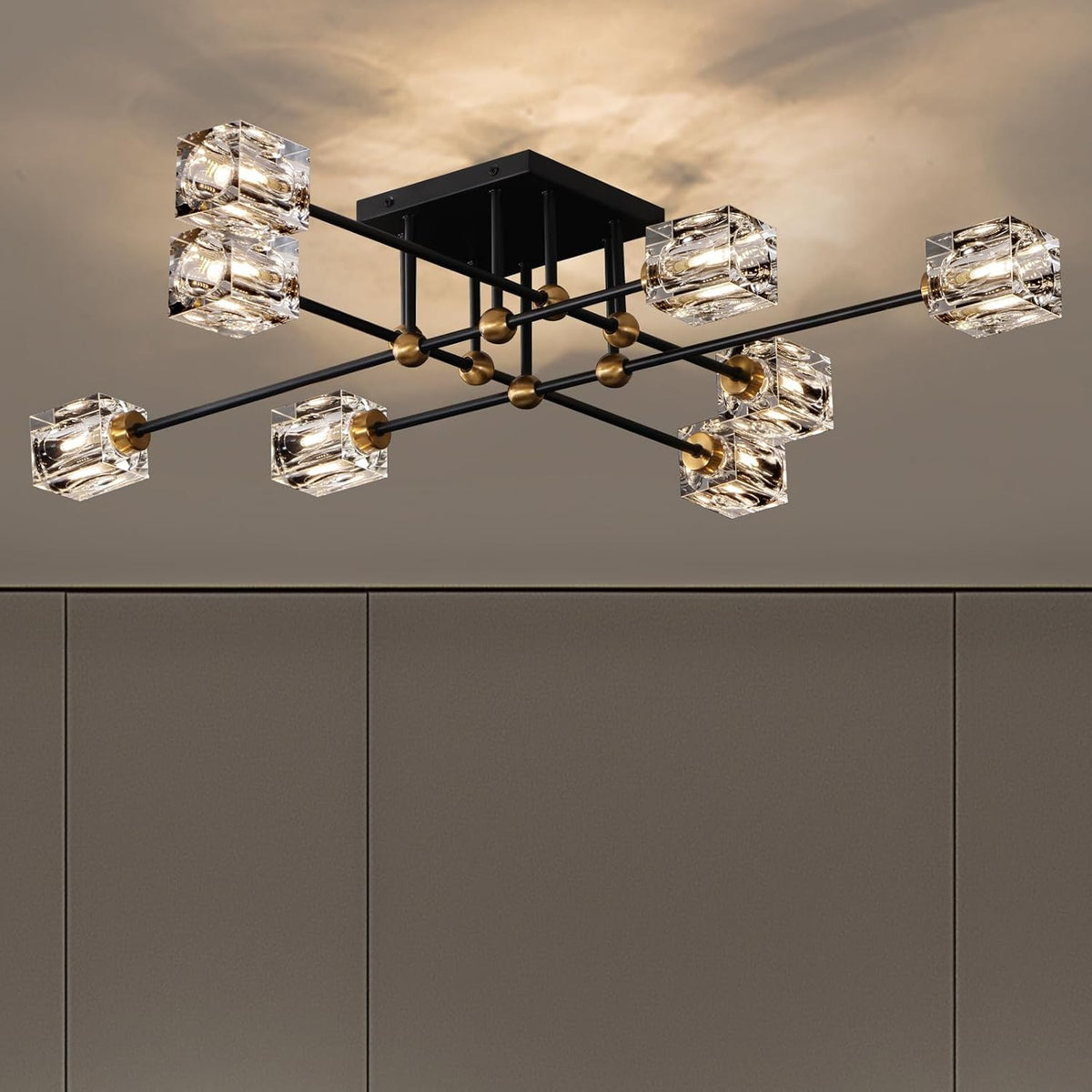 Eight-Light Black and Gold Crystal Ceiling Light, Two-Tone Frame