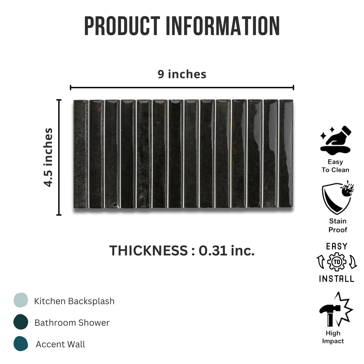 Scandia Glossy Black 4.5x9 Ribbed Porcelain Wall Tile, 3D KitKat Fluted Decorative Tile Backsplash, Bathroom, Shower